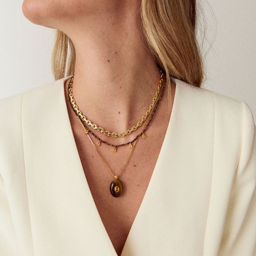 Talis Chains Beaded Necklace with CZ Drops - Tigers Eye